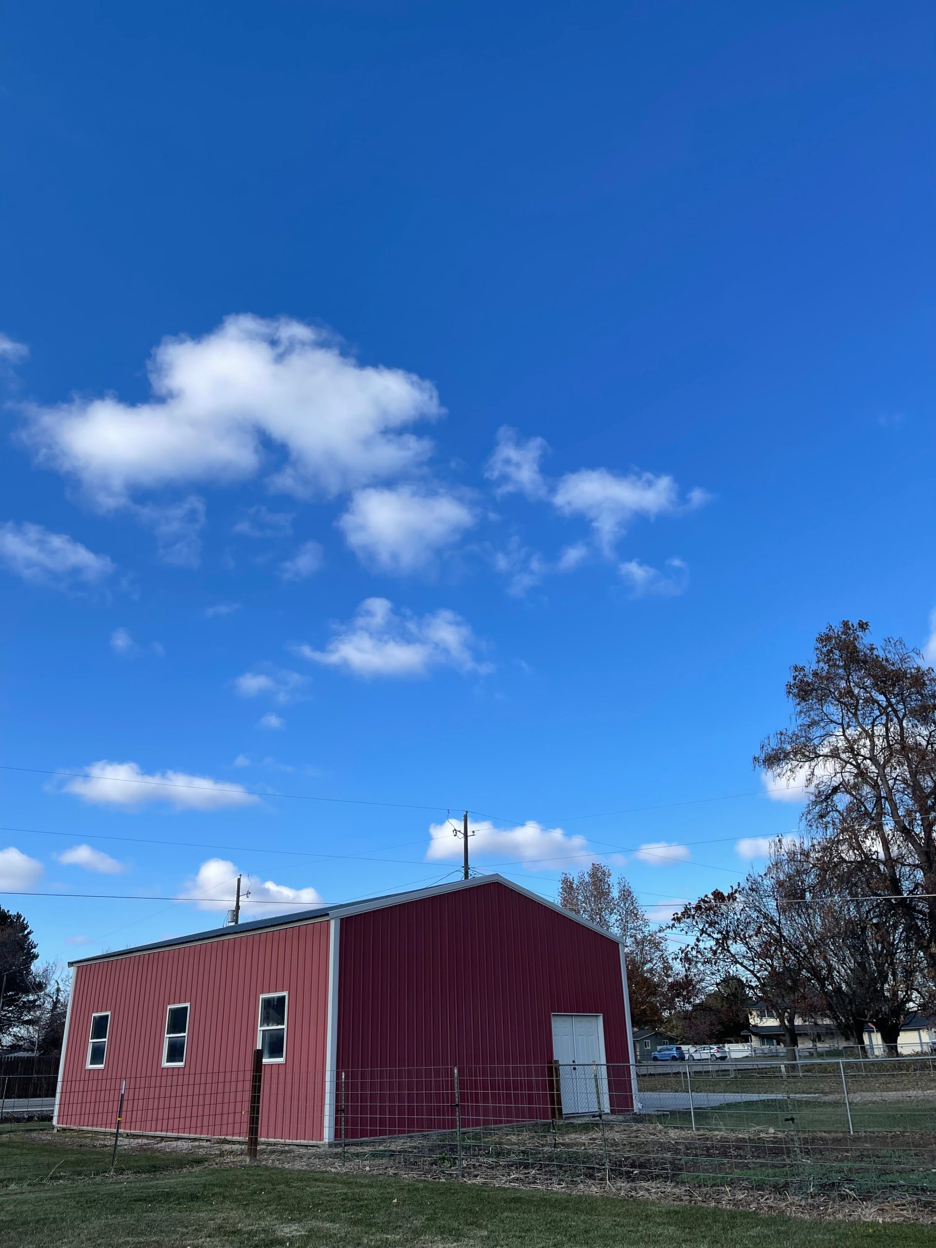 Pole barn under the blue Boise sky